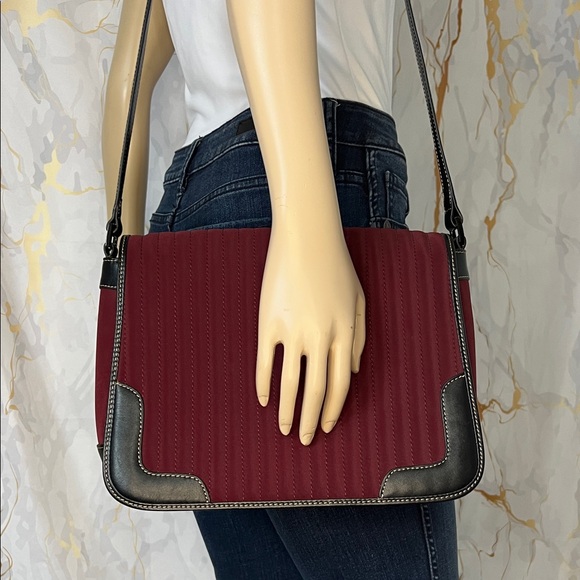 * Maxx New York Quilted Burgundy and Black Leather Trim Shoulder Bag